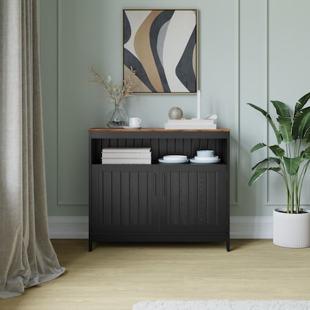 Flash Furniture Mayfield 40in. Buffet and Sideboard w/Dbl Door Storage Cabinet and Open Storage Shelf, Blk w/Walnut NAN-F-HY-B23108-BLWAL-GG